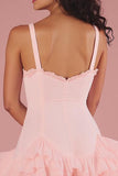 Pink Ruffled Spaghetti Straps A Line Graduation Dress