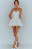 Strapless White Ruffled A Line Satin Graduation Dress