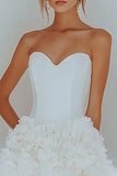 Strapless White Ruffled A Line Satin Graduation Dress
