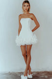 Strapless A Line Satin Ruffles Short White Graduation Dress