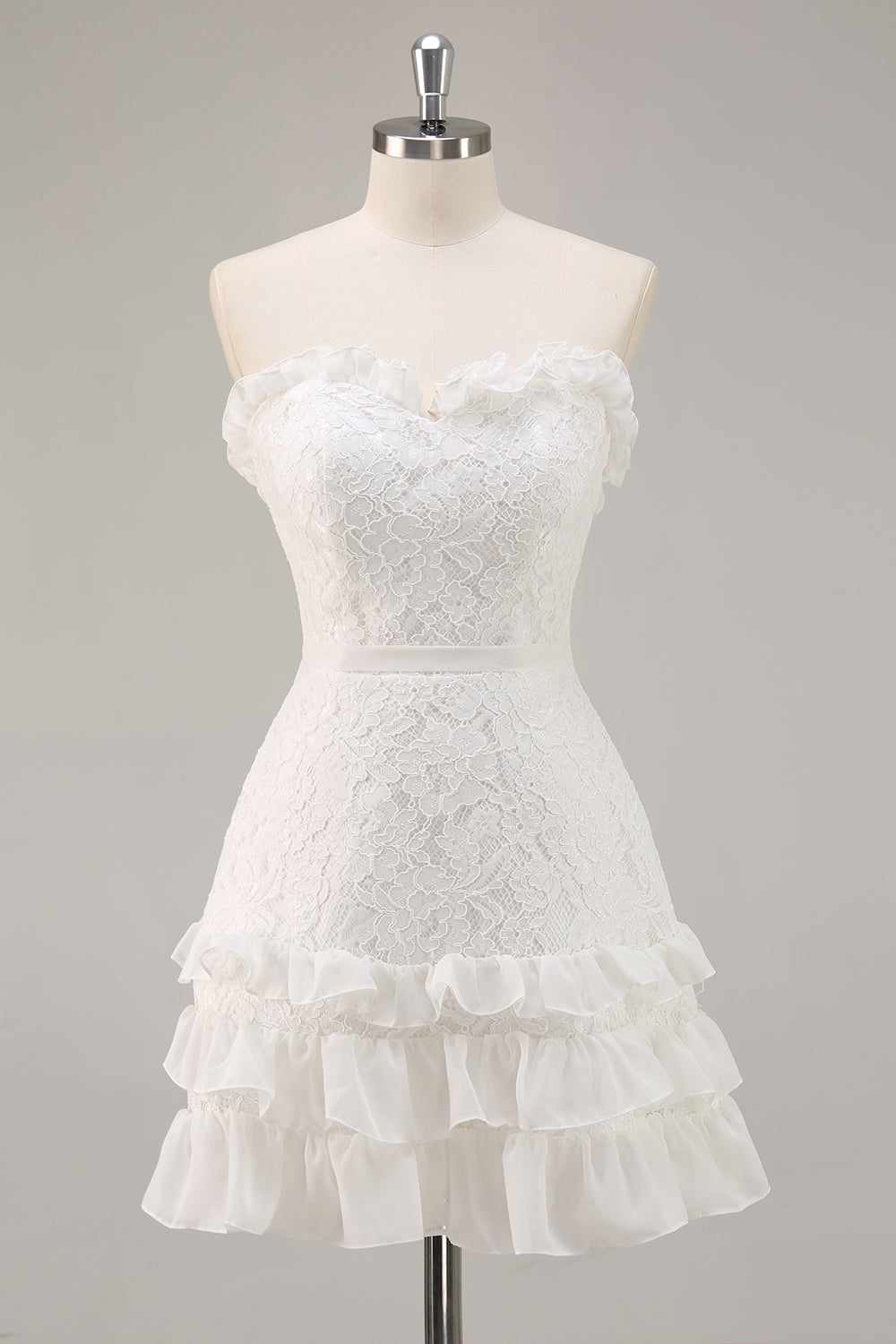 Strapless Lace A Line Short White Graduation Dress