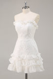 Strapless Lace A Line Short White Graduation Dress