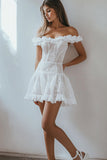 Off The Shoulder A-Line Ruffle Lace White Short Graduation Dress