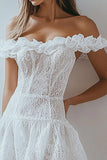 Off The Shoulder A-Line Ruffle Lace White Short Graduation Dress