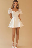White A-Line Satin Lace Graduation Dress with Short Sleeves