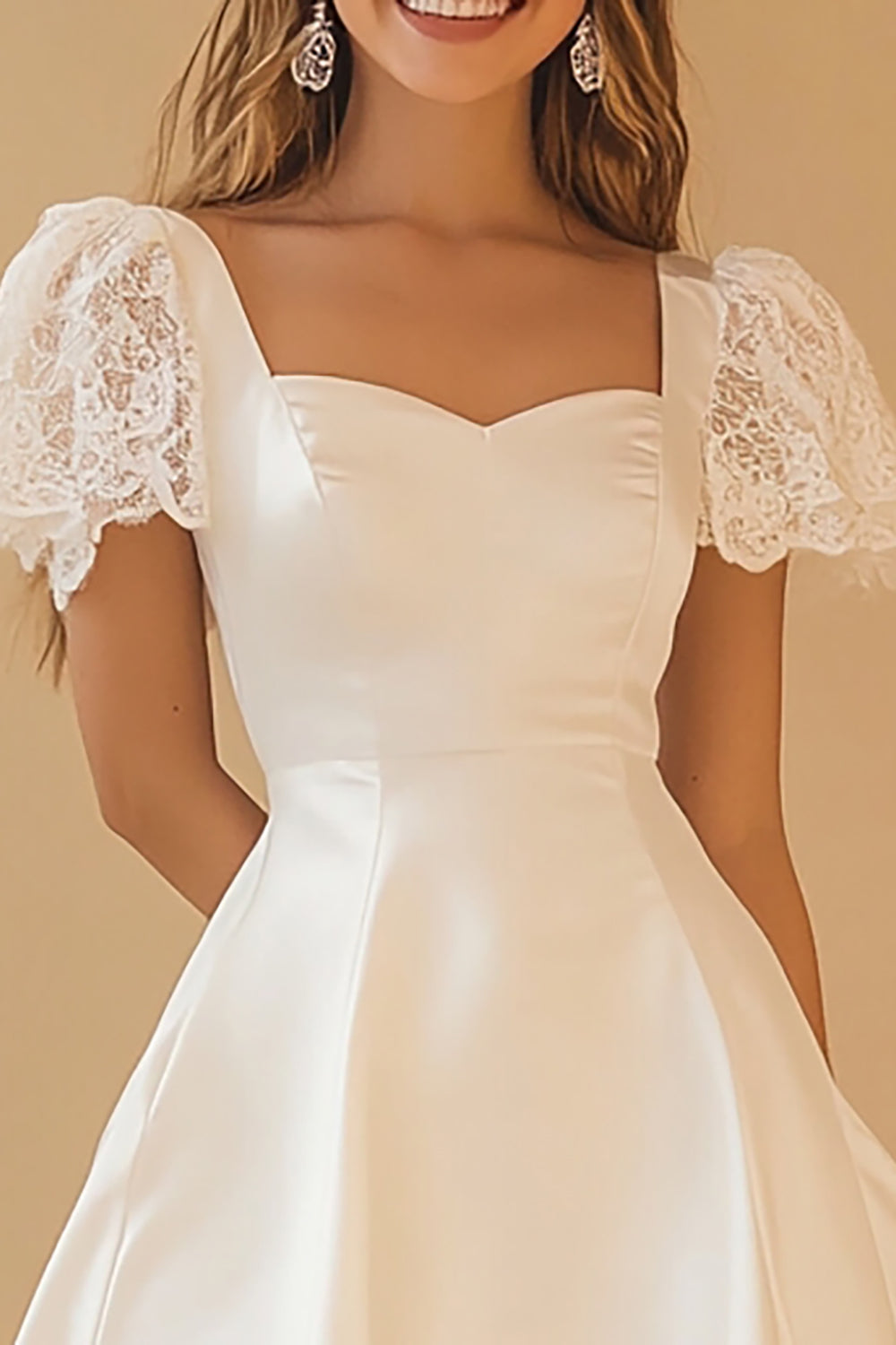 White A-Line Satin Lace Graduation Dress with Short Sleeves