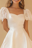 White A-Line Satin Lace Graduation Dress with Short Sleeves