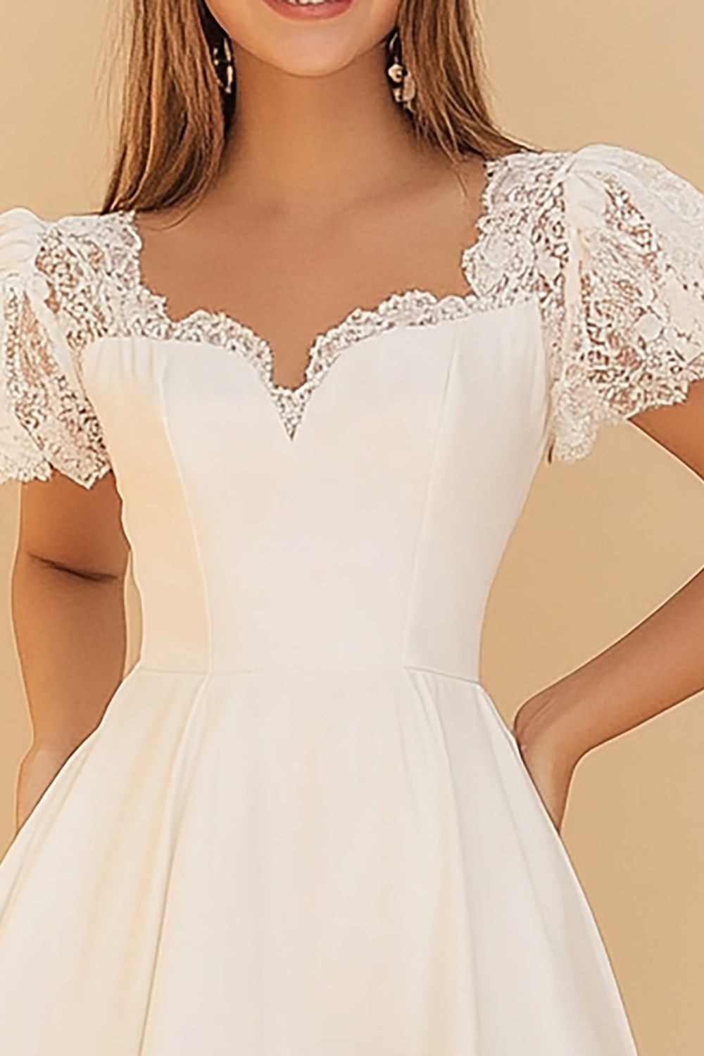 White A Line Short Sleeves Lace Short Graduation Dress