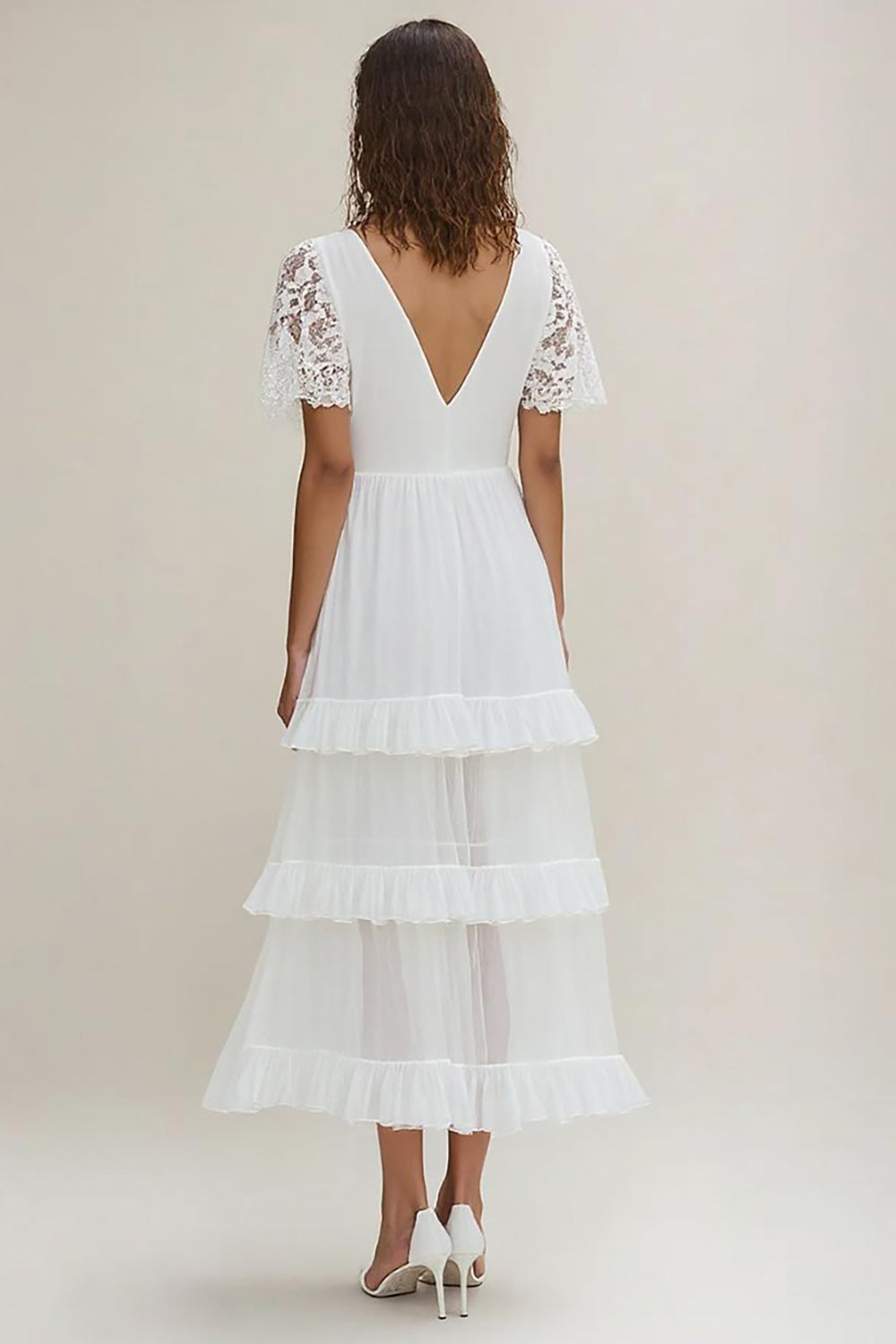 White A Line V-Neck Ruffled Graduation Dress with Short Sleeves