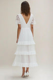 White A Line V-Neck Ruffled Graduation Dress with Short Sleeves