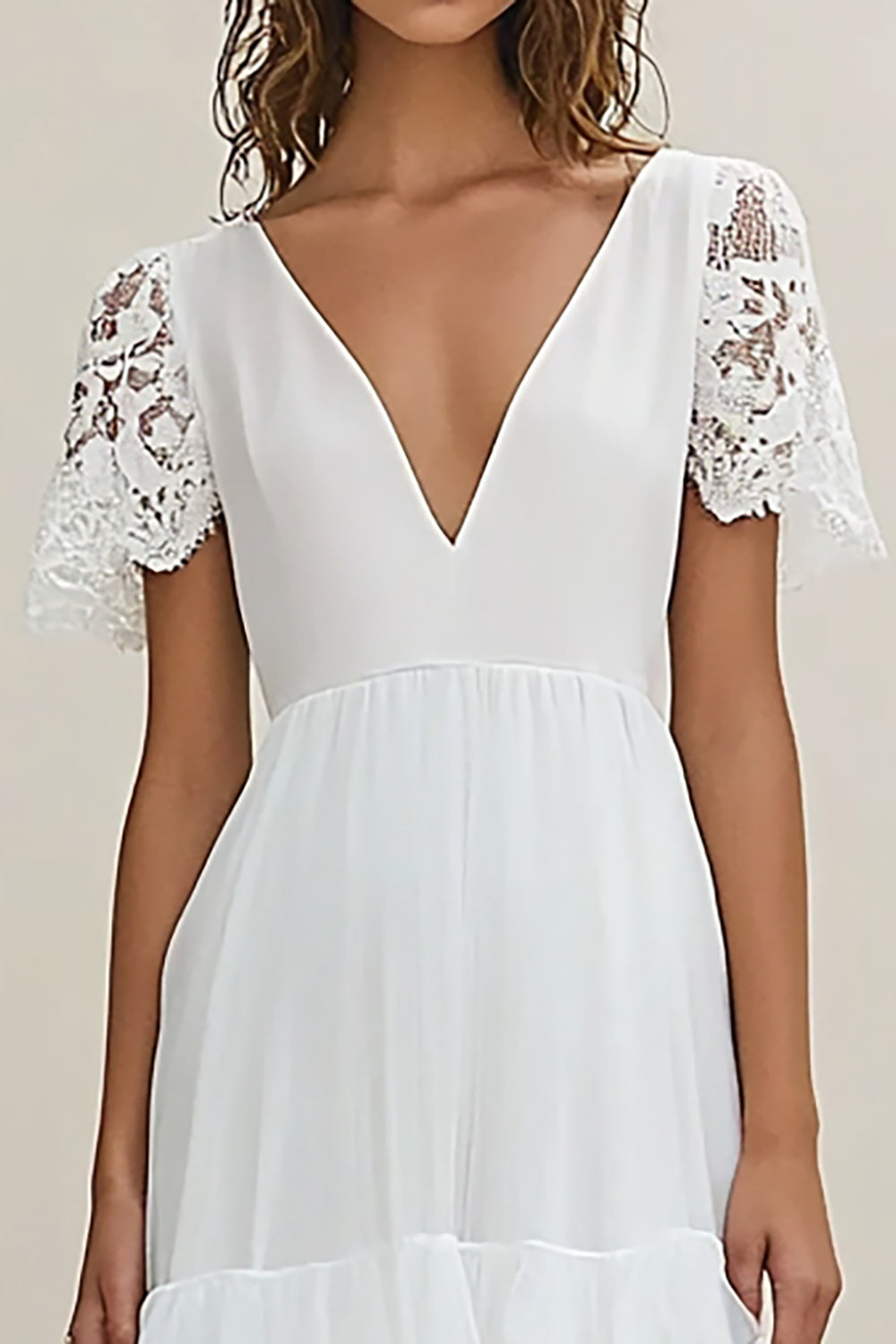 White A Line V-Neck Ruffled Graduation Dress with Short Sleeves