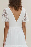 White A Line V-Neck Ruffled Graduation Dress with Short Sleeves