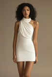 White Halter Ruched Short Graduation Dress
