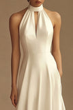 White Halter Satin Backless A Line Long Wedding Dress