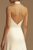 White Halter Satin Backless A Line Long Wedding Dress