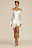 Off the Shoulder Satin Lace White Graduation Dress with Long Sleeves