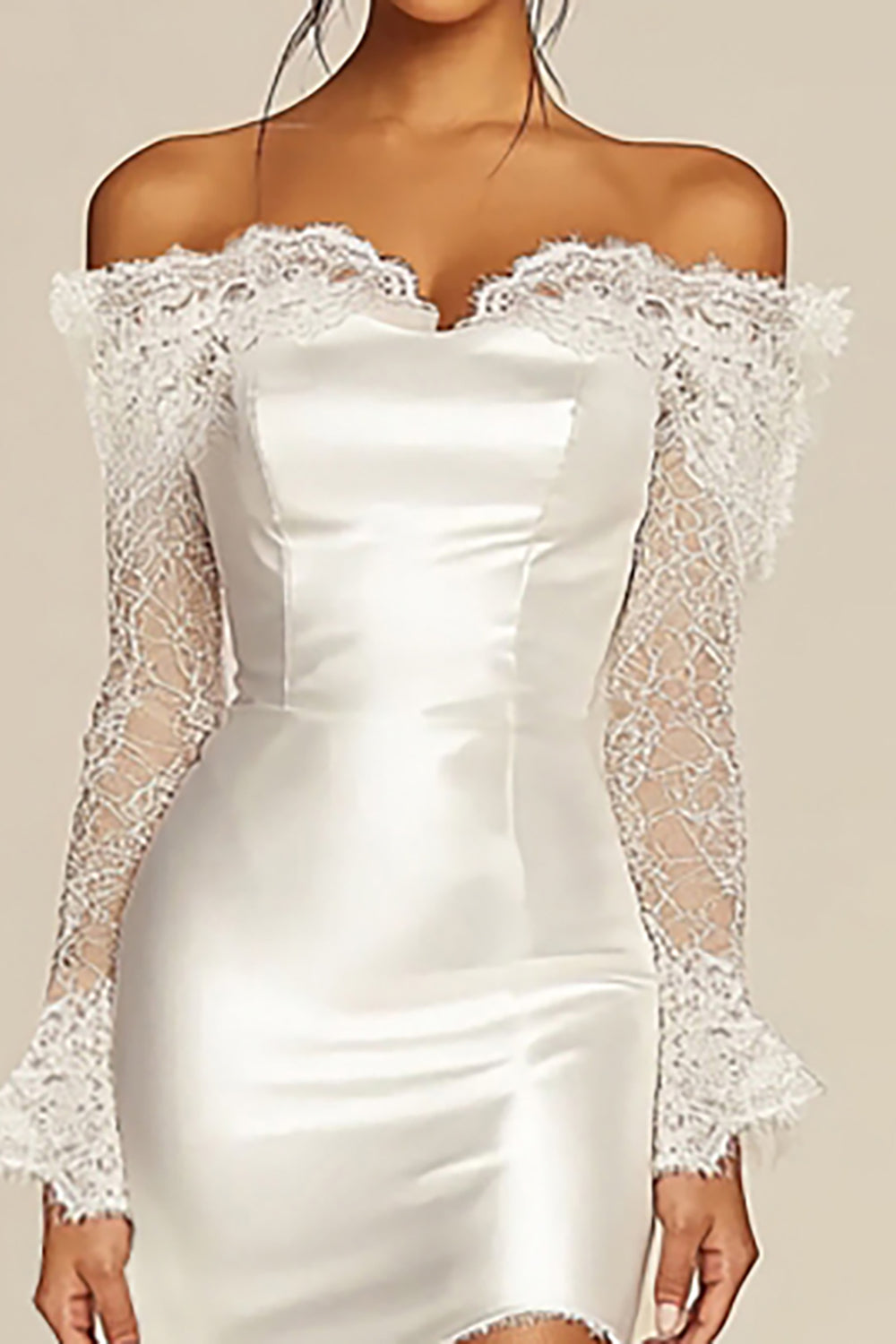 Off the Shoulder Satin Lace White Graduation Dress with Long Sleeves