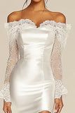 Off the Shoulder Satin Lace White Graduation Dress with Long Sleeves