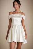 Off the Shoulder Lace White A Line Graduation Dress