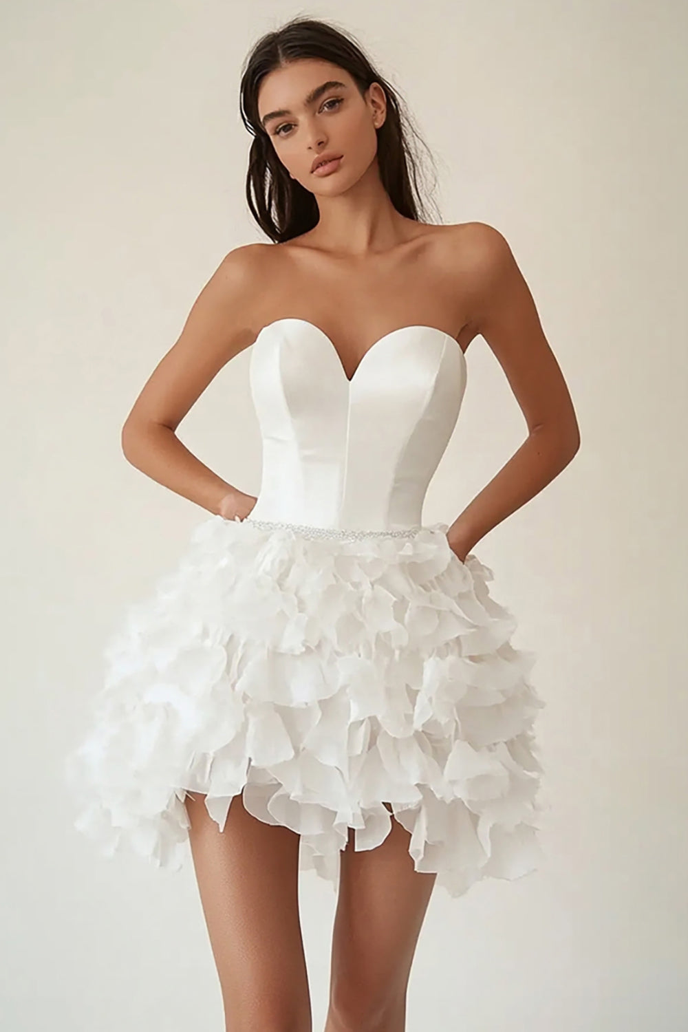 Strapless White A Line Tiered Ruffled Graduation Dress