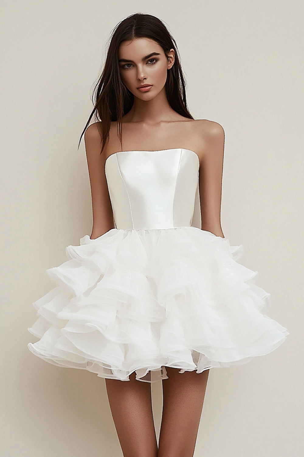 Strapless Ruffle A Line White Graduation Dress