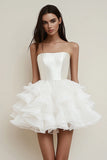 Strapless Ruffle A Line White Graduation Dress