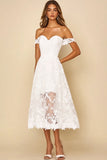 White Lace Off the Shoulder A Line Tea Length Graduation Dress