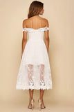 White Lace Off the Shoulder A Line Tea Length Graduation Dress