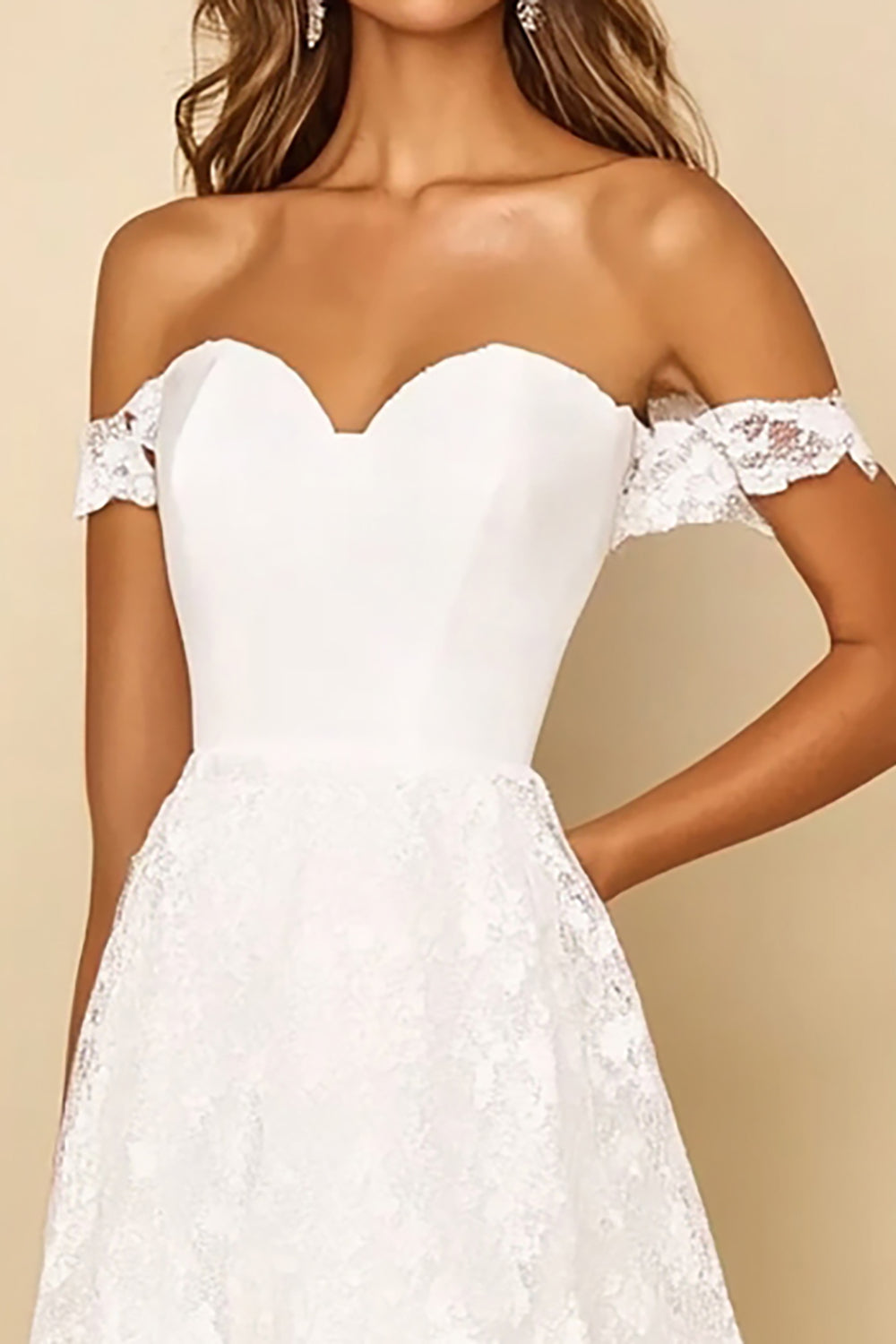 White Lace Off the Shoulder A Line Tea Length Graduation Dress