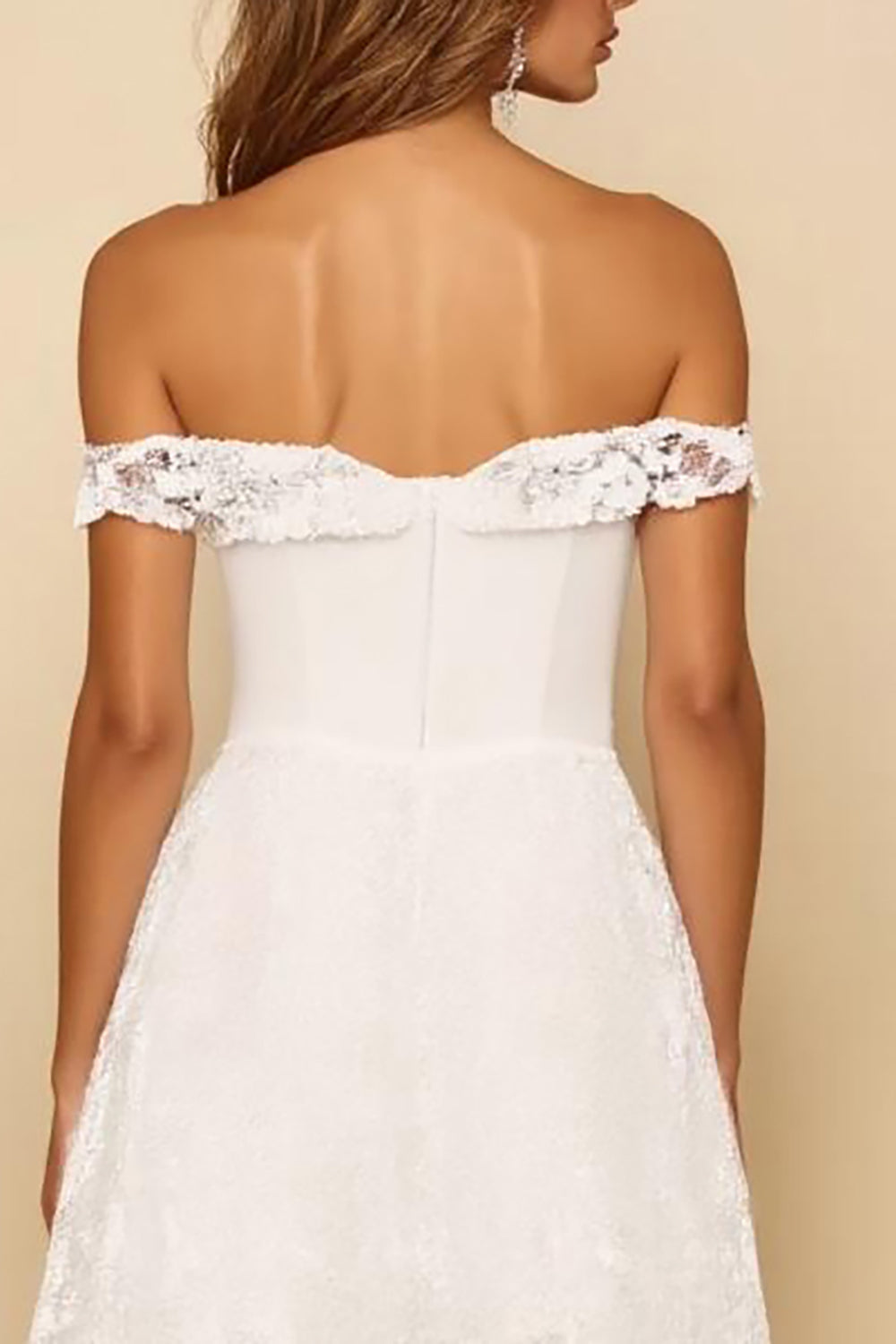 White Lace Off the Shoulder A Line Tea Length Graduation Dress