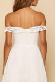 White Lace Off the Shoulder A Line Tea Length Graduation Dress