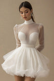 Puffy White A Line Illusion Neck Tulle Graduation Dress with Long Sleeves