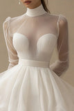 Puffy White A Line Illusion Neck Tulle Graduation Dress with Long Sleeves