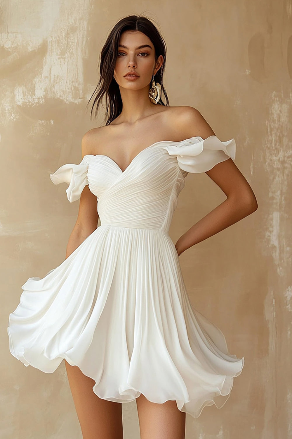 A Line Ruffled Off the Shoulder Pleated White Graduation Dress