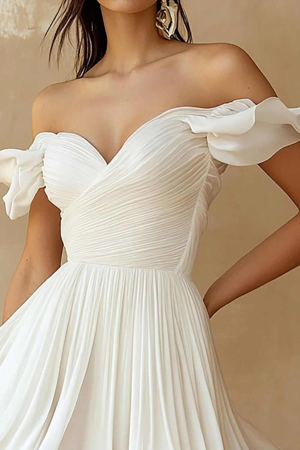 A Line Ruffled Off the Shoulder Pleated White Graduation Dress