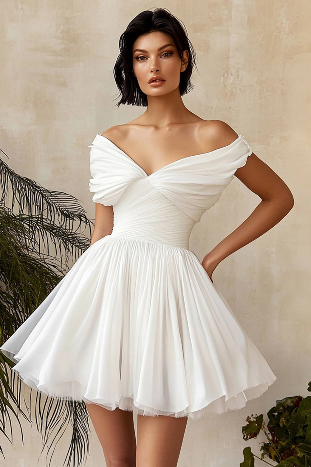 Off the Shoulder A Line Ruched White Graduation Dress
