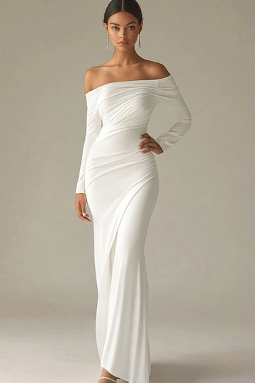White Mermaid Off the Shoulder Long Sleeves Ruched Satin Long Bridal Dress