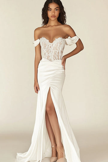 White Mermaid Off the Shoulder Corset Long Wedding Dress
