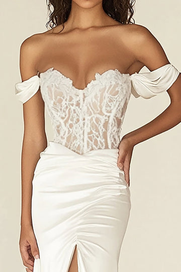 White Mermaid Off the Shoulder Corset Long Wedding Dress