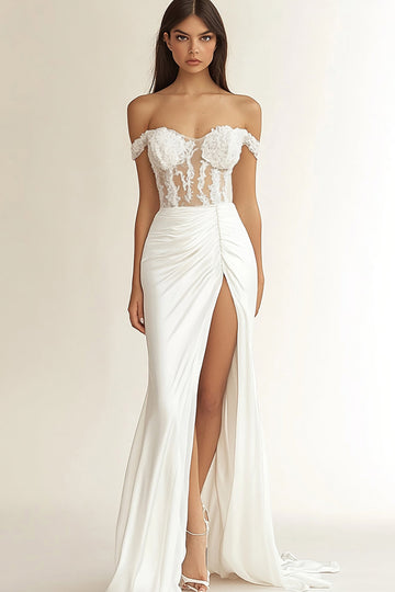 White Mermaid Off the Shoulder Ruched Satin Long Bridal Dress with Slit