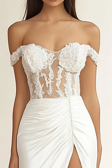 White Mermaid Off the Shoulder Ruched Satin Long Bridal Dress with Slit