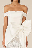 Off the Shoulder Lace Sheath White Graduation Dress with Bow