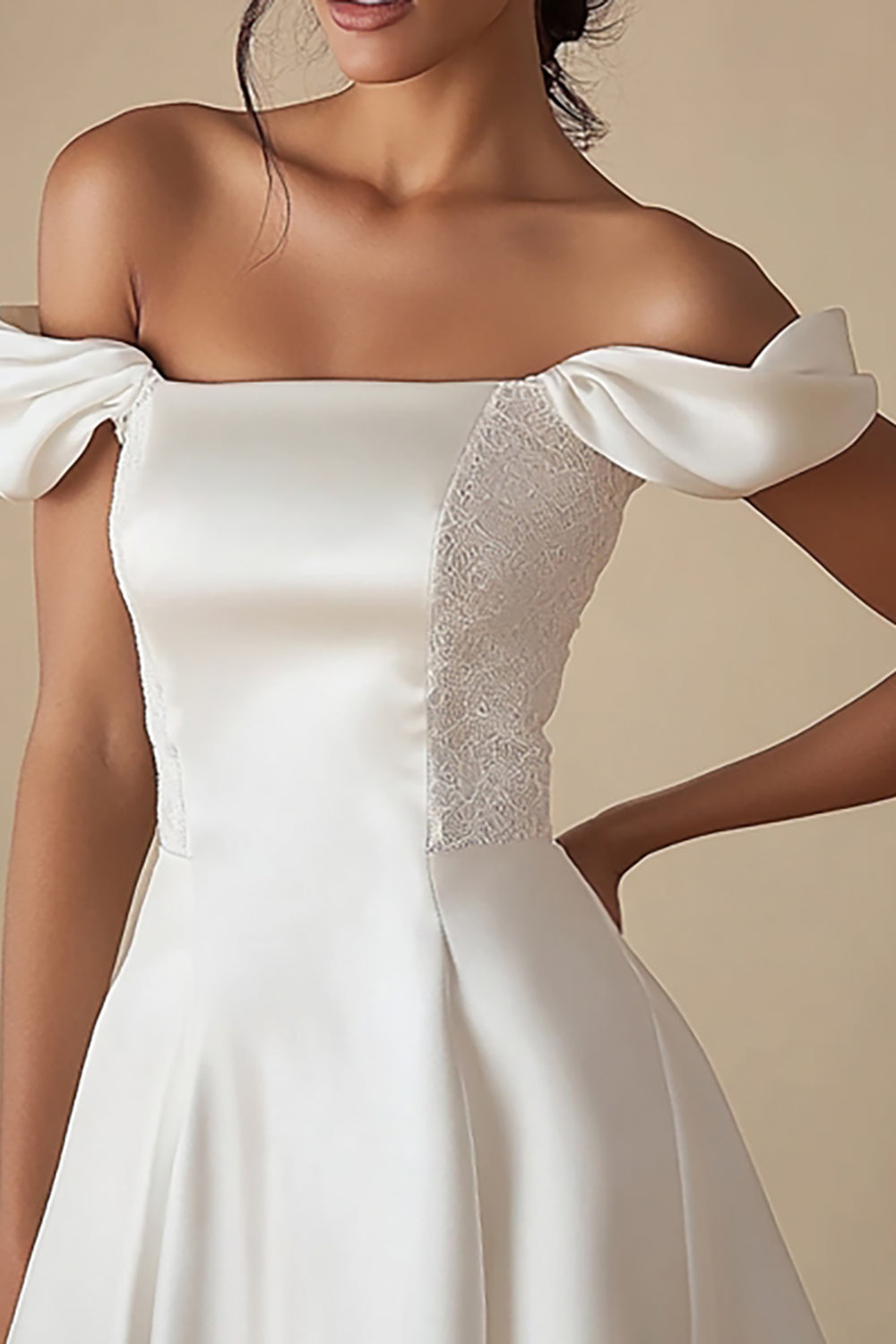 A-Line Off the Shoulder Laced Satin Little White Graduation Dress