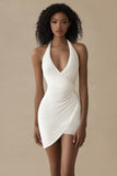 Halter Bodycon Satin Ruched White Graduation Dress