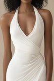 Halter Bodycon Satin Ruched White Graduation Dress