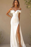 White Mermaid Cold Shoulder Ruffles Satin Long Bridal Dress with Slit