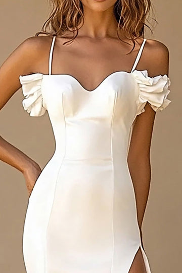 White Mermaid Cold Shoulder Ruffles Satin Long Bridal Dress with Slit