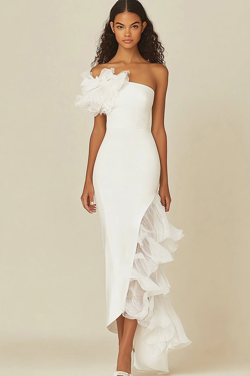 One Shoulder Sheath White Graduation Dress with Ruffles