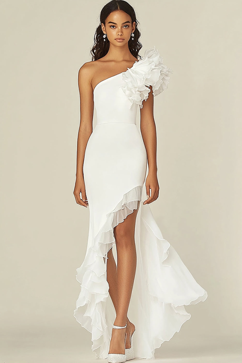 One Shoulder White Sheath Graduation Dress with Ruffles