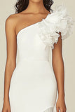 One Shoulder White Sheath Graduation Dress with Ruffles